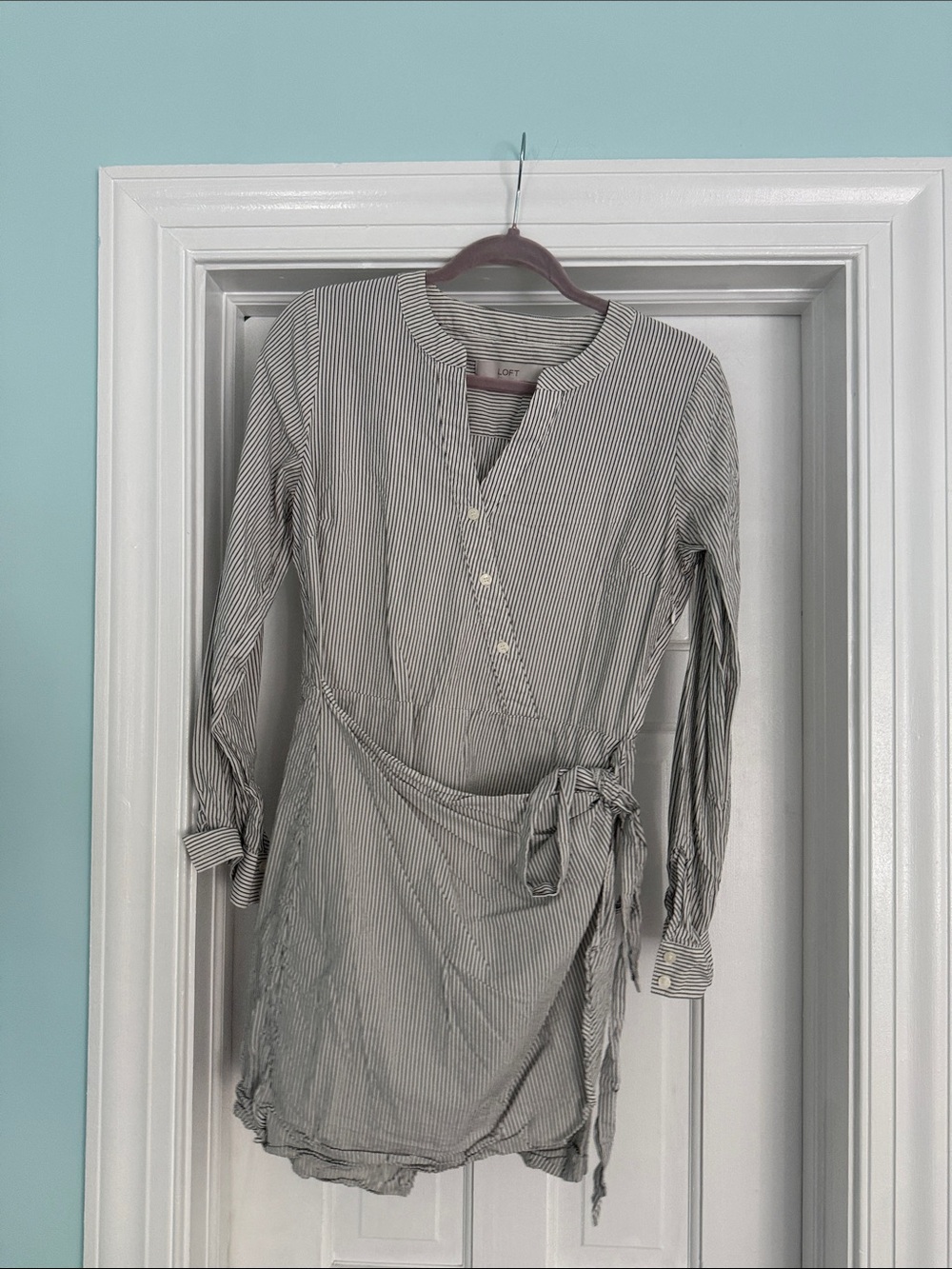 LOFT Gray and White Striped Wrap Shirt Dress